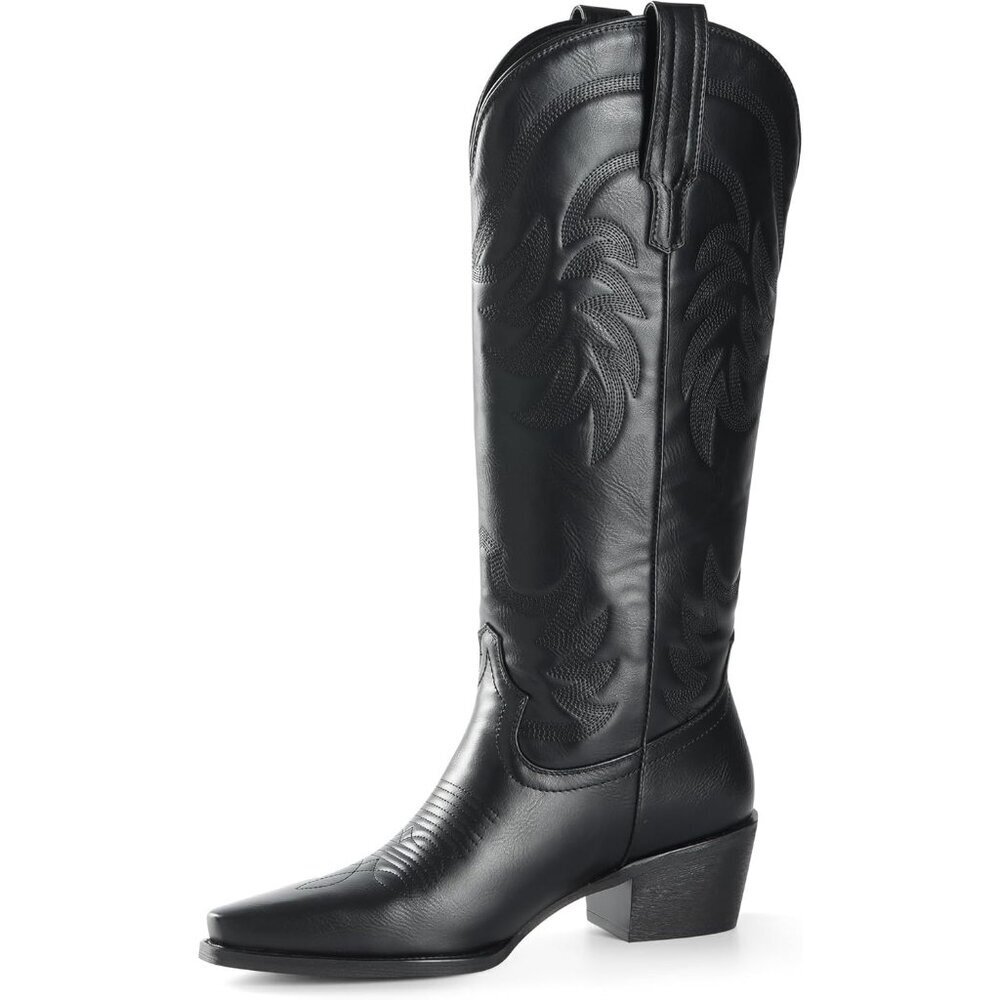 Women Pu Midnight Black Knee High Pointed Toe Block Heel Cowboy Western Boots